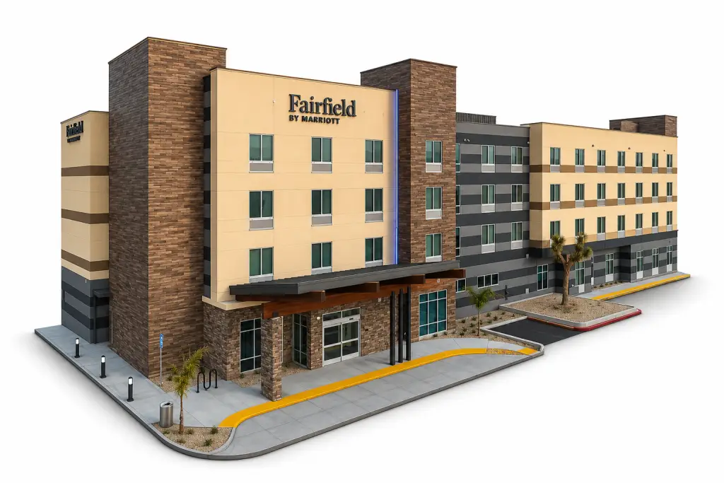 Exterior view of a Fairfield by Marriott hotel with beige and brown facade, entrance canopy, and landscaped curb appeal.