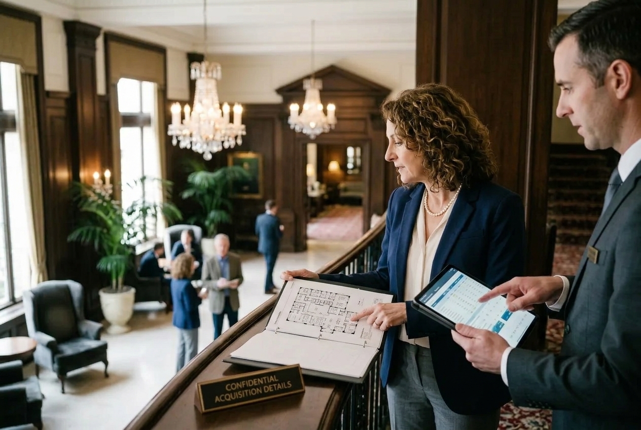 someone looking to buy a hotel - SBA Finance Group Two business professionals review a binder with a floor plan and a tablet in a luxurious lobby, a sign reads 'Confidential Acquisition Details'.