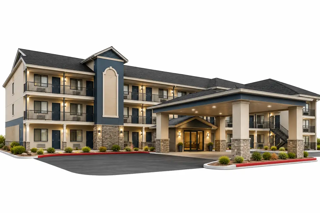 Exterior view of a modern hotel with blue and beige facade, balconies, and a covered porte-coch&egrave;re at the entrance.