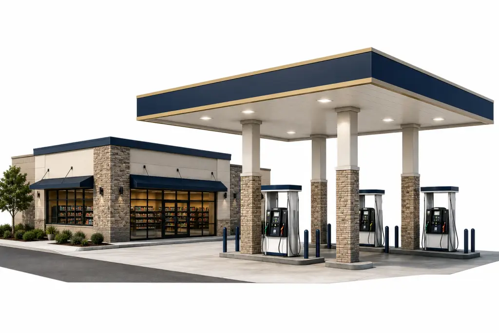 Gas station with a large canopy over several fuel pumps and a connected convenience store with stone accents and glass doors.