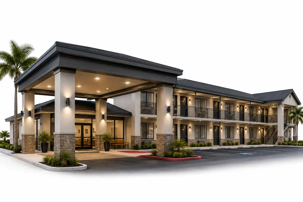 Modern two-story hotel exterior with a covered entrance, stone columns, warm lights, and palm trees lining the driveway area in front of a parking lot.] , [A contemporary motel/hotel exterior featuring a porte-cochère, balcony walkways, and well-lit entrances along the front.] , [Hotel with a wide, lit entryway, second-floor balcony corridor, and landscaped planters, ready for guests.] , [Exterior view of a contemporary lodging facility with multiple doors facing a parking lot and a central porte-cochère.] , [Two-story hotel with exterior corridors, outdoor lighting, and tropical landscaping along the front of the building.]